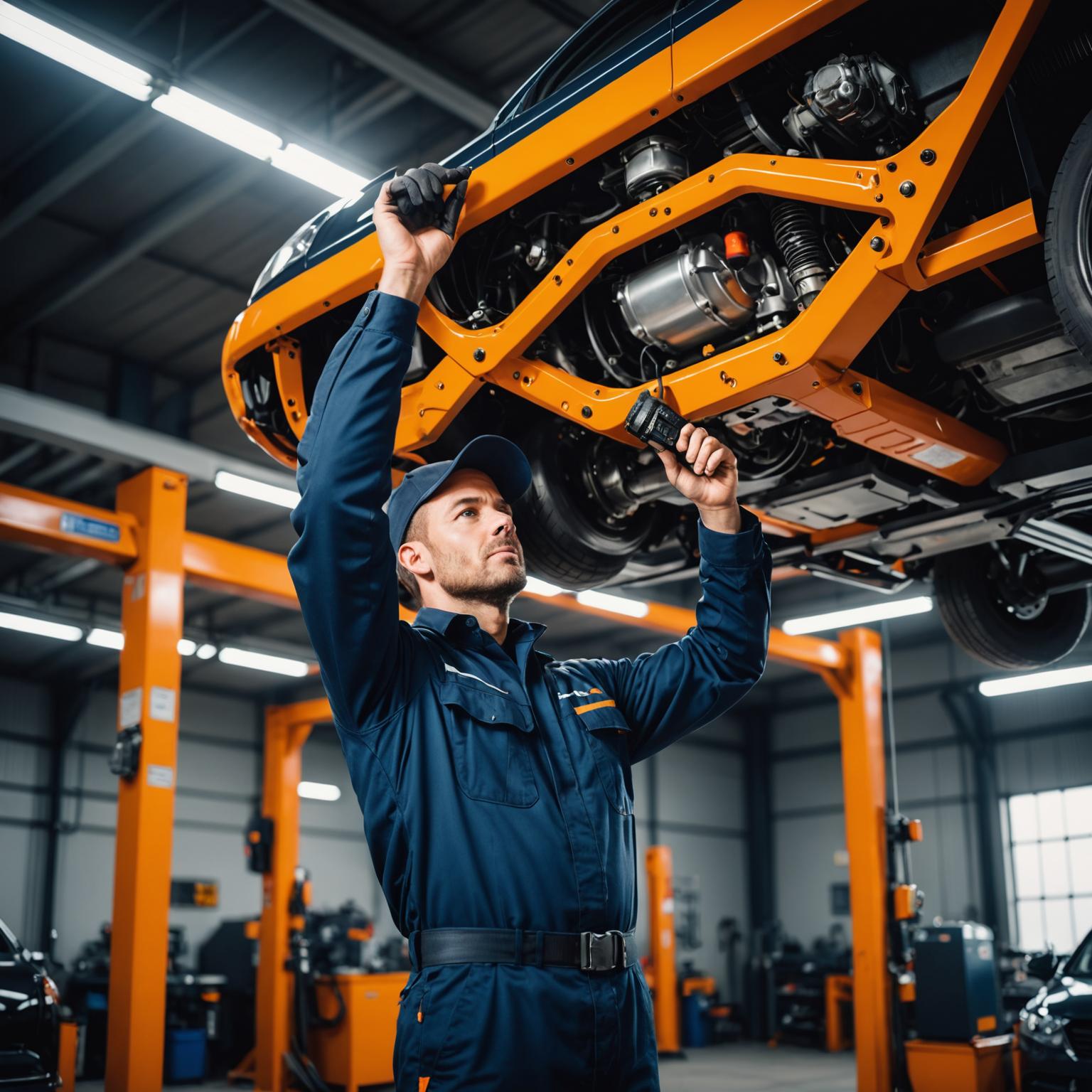 Technician inspecting a car on the lift