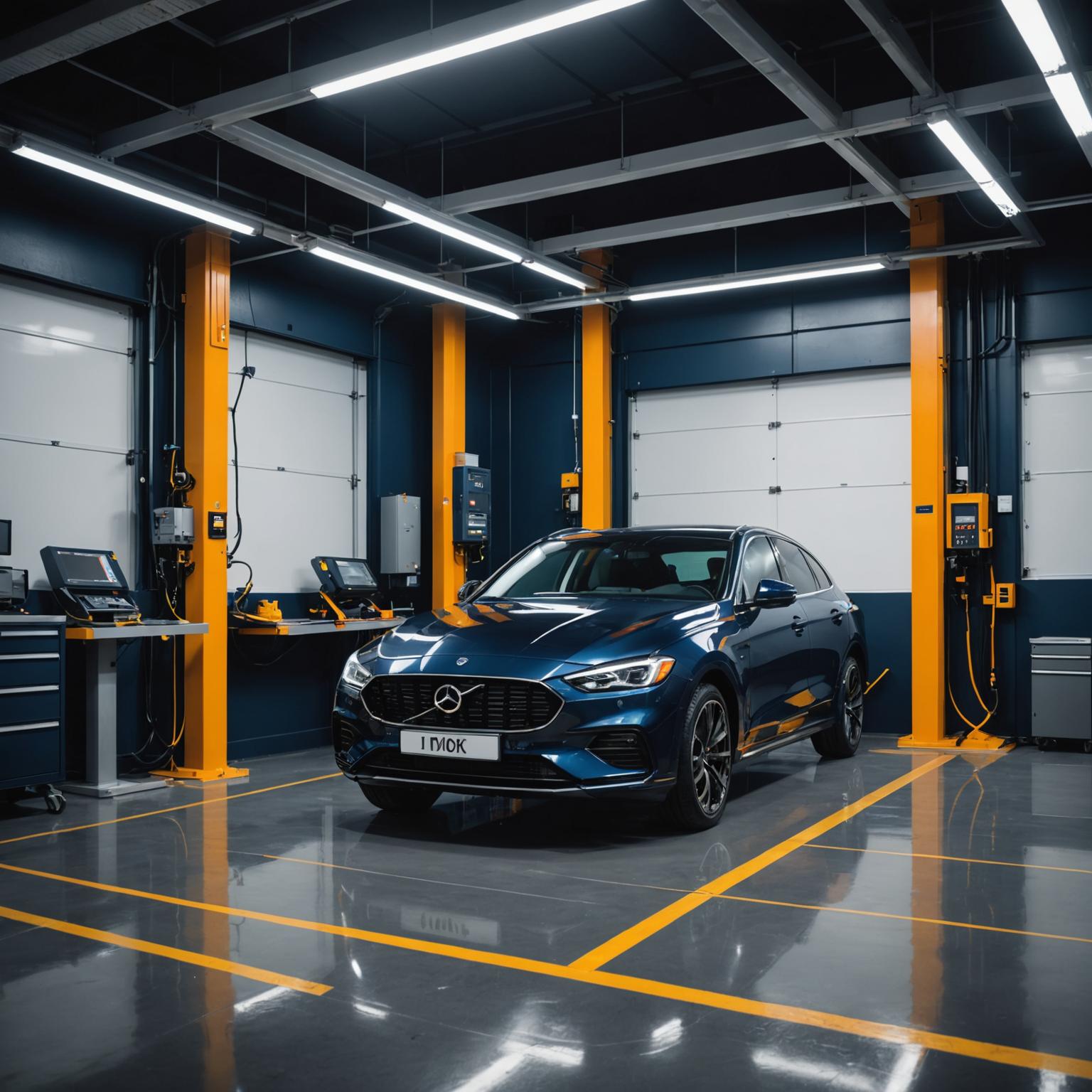 Xentiq AutoLab workshop floor with a sedan on the lift
